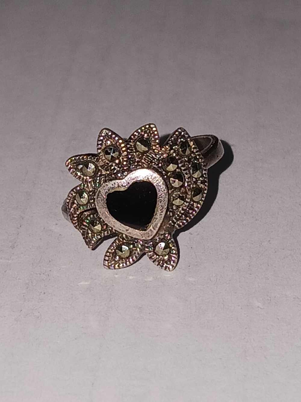Sterling Silver Heart Accent Ring with Black Enamel and Crystal Petals